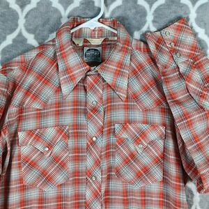 VTG Miller Western Shirt Sz M Orange Plaid Pearl Snap Extra Long Tail Spearpoint